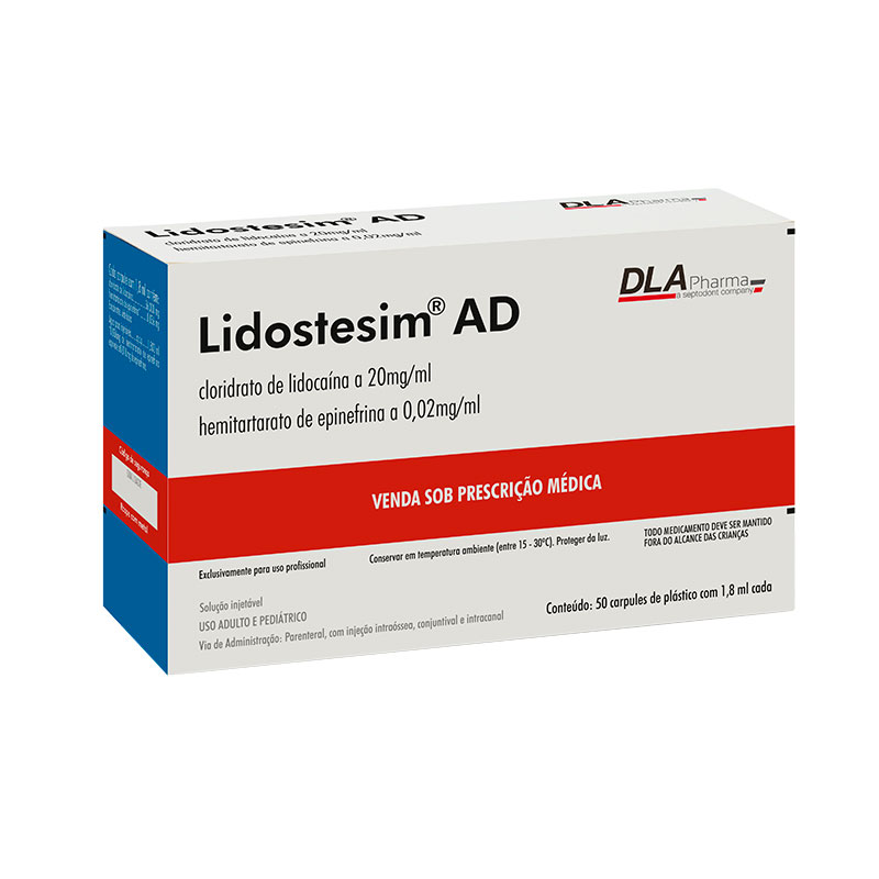 Anestésico Lidostesim AD 2% com epinefrina 1:100.000, caixa com 50 tubetes, DLA Pharma